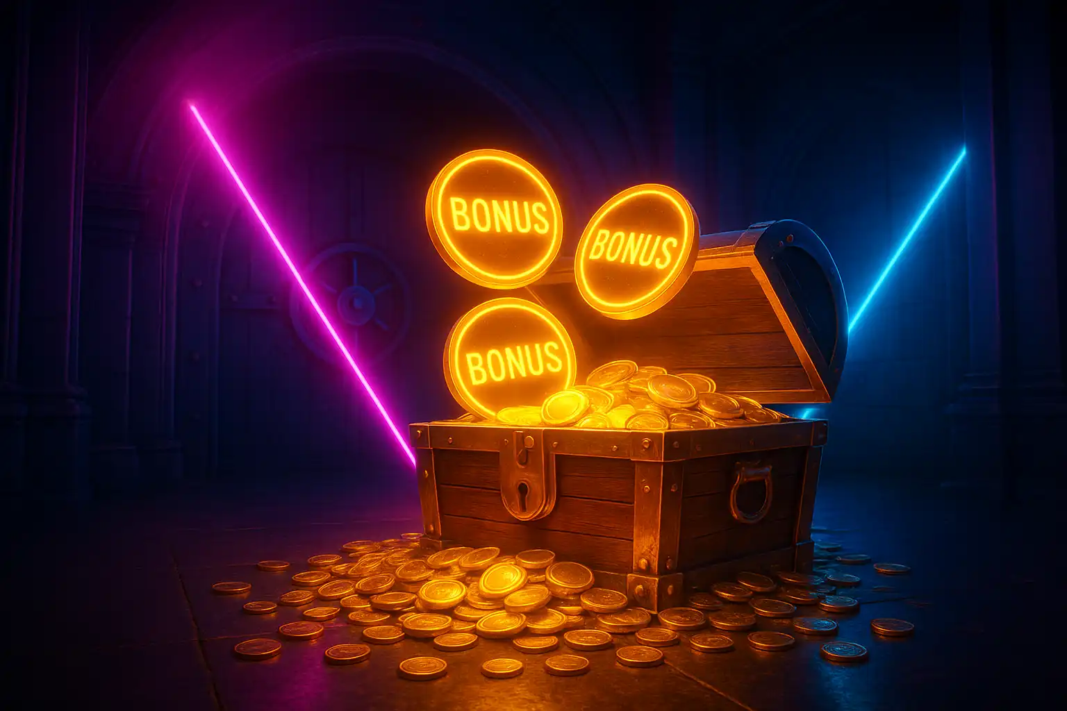 Golden bonus chest glowing with neon light inside a royal casino vault