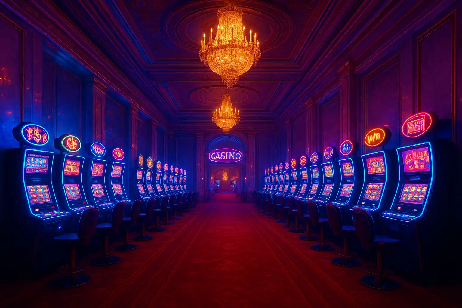 Royal palace casino hall lit with neon lights and golden chandeliers